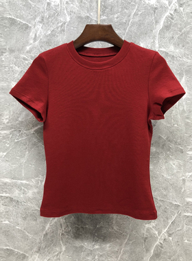 正肩高级感修身红色短款T恤女夏2025欧货纯棉显瘦体恤短袖衫上衣