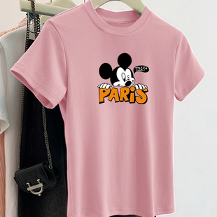 纯棉短袖t恤女初中生2025夏季新款150小个子百搭正肩修身粉色上衣