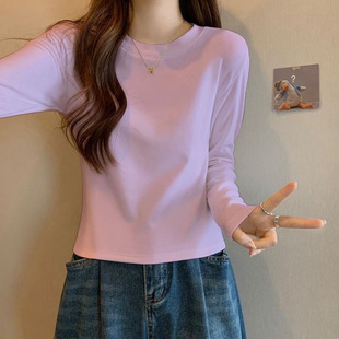 棉质圆领紫色基础款打底衫女秋季修身显瘦减龄内搭长袖t恤女上衣
