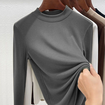 德绒长袖T恤打底衫女小立领上衣