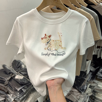 纯棉短袖t恤女卡通小狗白色T上衣