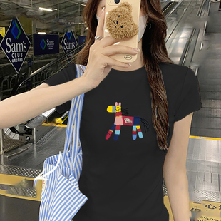 黑色正肩短袖t恤女夏2026新款夏季女款纯棉气质修身显瘦显白上衣