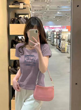 紫色正肩短袖t恤女装纯棉2025夏季新款修身洋气减龄港风chic上衣