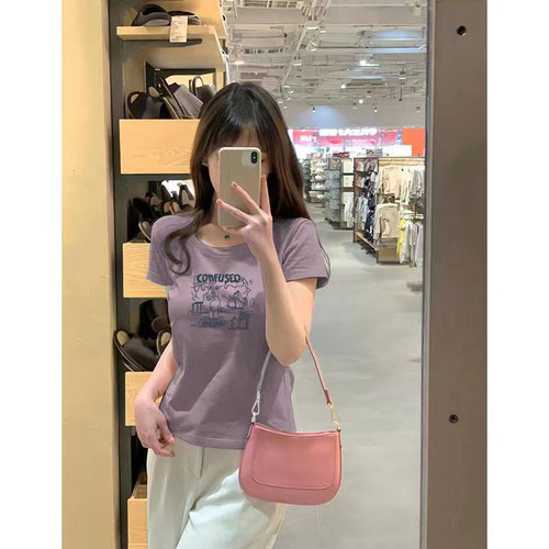 紫色正肩短袖t恤女装纯棉