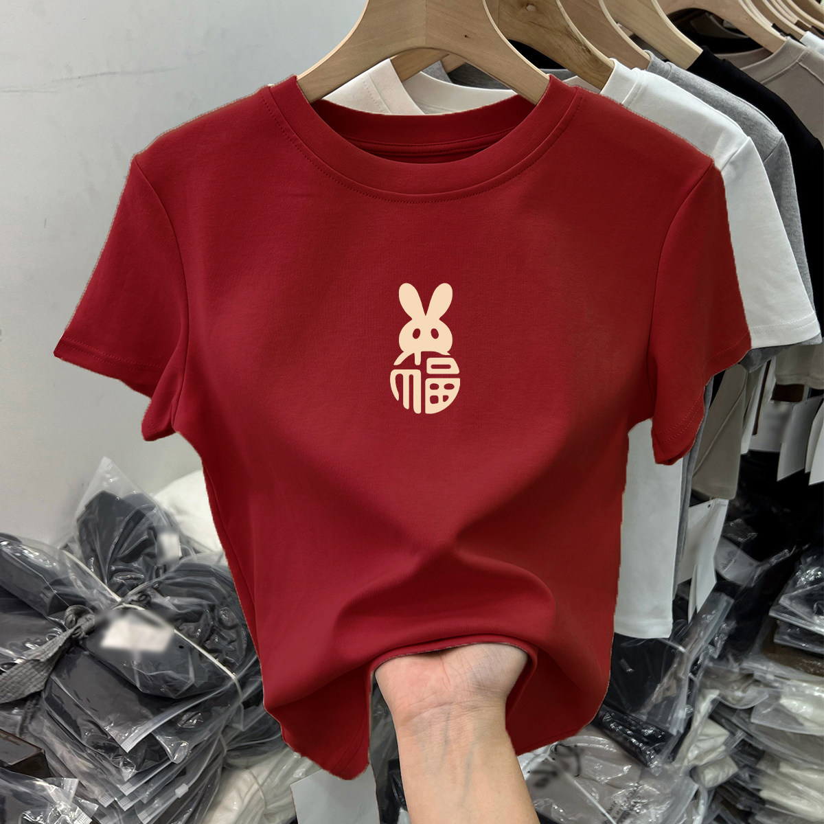 红色短袖t恤女装修身正肩纯棉2025年新款漂亮洋气小衫兔子上衣服
