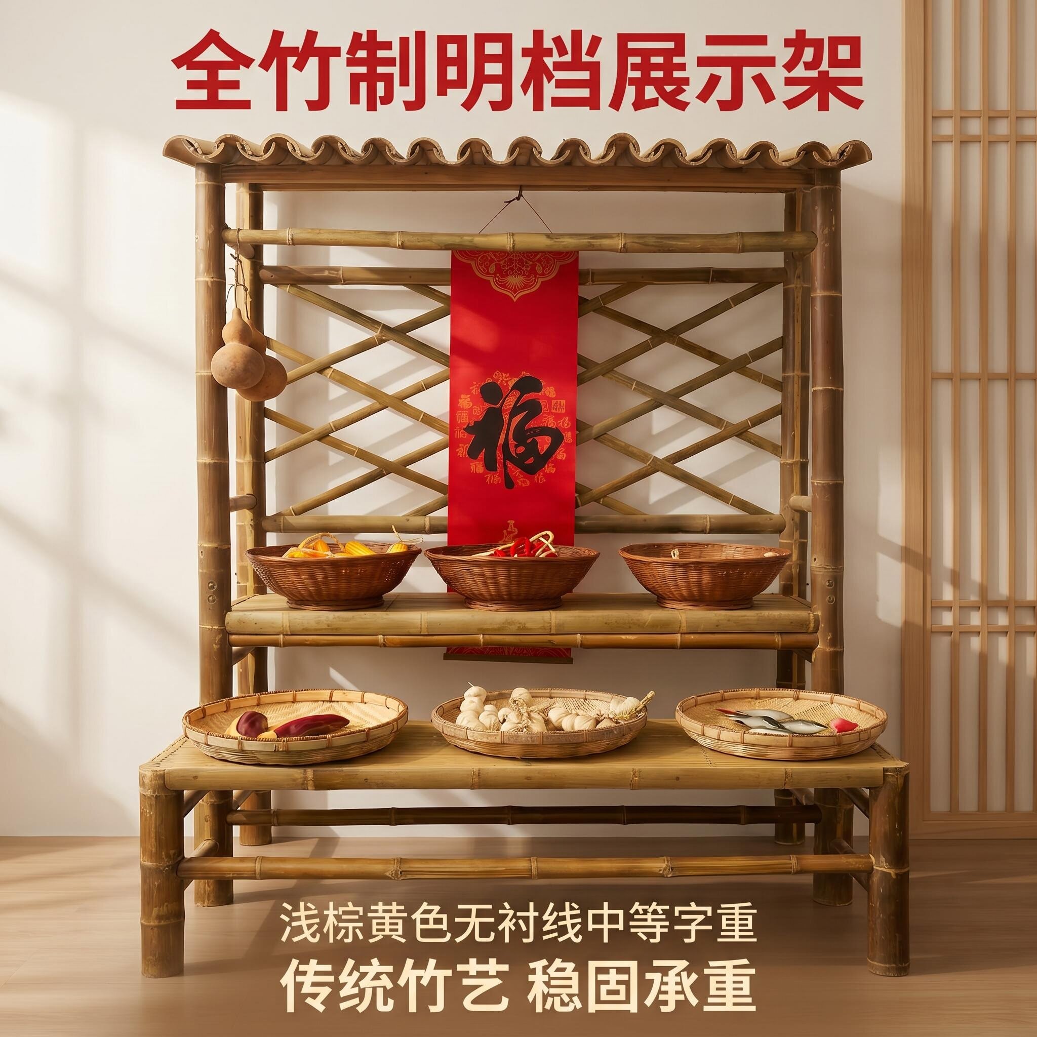 全竹多层明档竹编展示架稳固承重