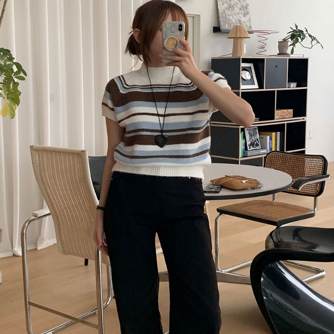 美拉德色系设计横条纹短袖针织衫