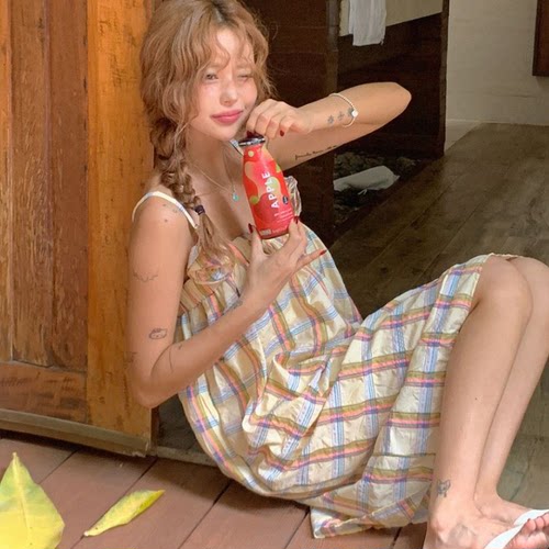 Cmy korea韩国女装代购 甜美系格纹韩范吊带连衣裙