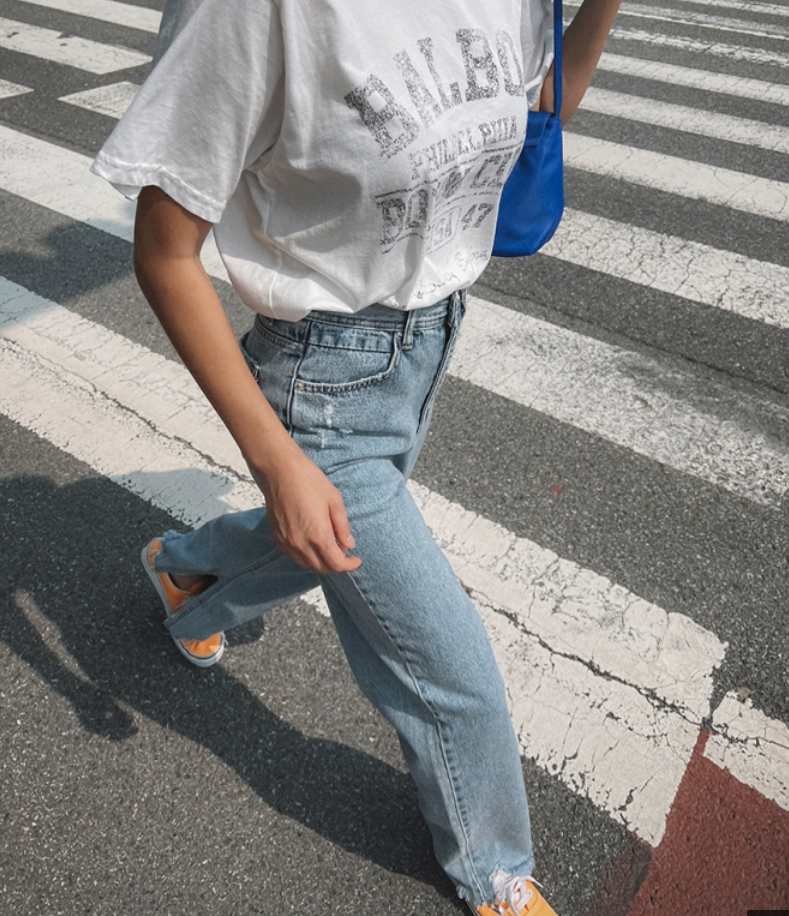 cmy korea 韩国东大门代购浅青色破洞磨毛时尚款开叉裤牛仔裤女