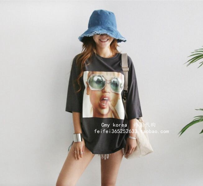现货 韩国女装T恤正品袖口宽松个性眼镜美女休闲女