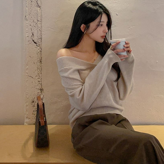 Cmy korea韩国正品代购 秋冬深V领设计毛衣套头针织衫