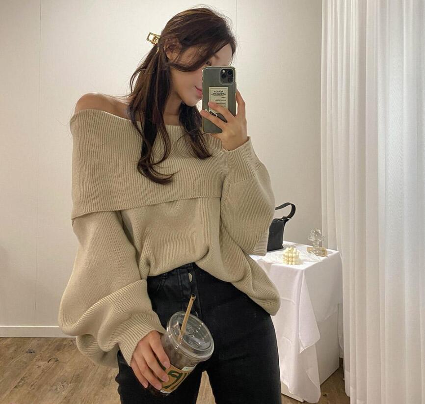 现货 韩国东大门女装 进口正品 一字领大露肩针织套头衫女