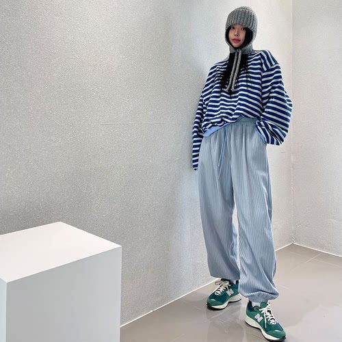 2025春坑条纹三色入休闲裤女