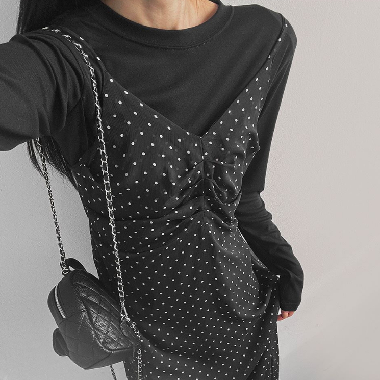 波点吊带设计微透款修身连衣裙