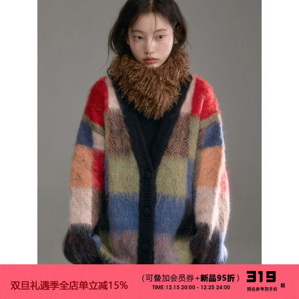 有耳uare小众设计 十二个圣诞故事 羊毛马海撞色格纹毛衣开衫外套