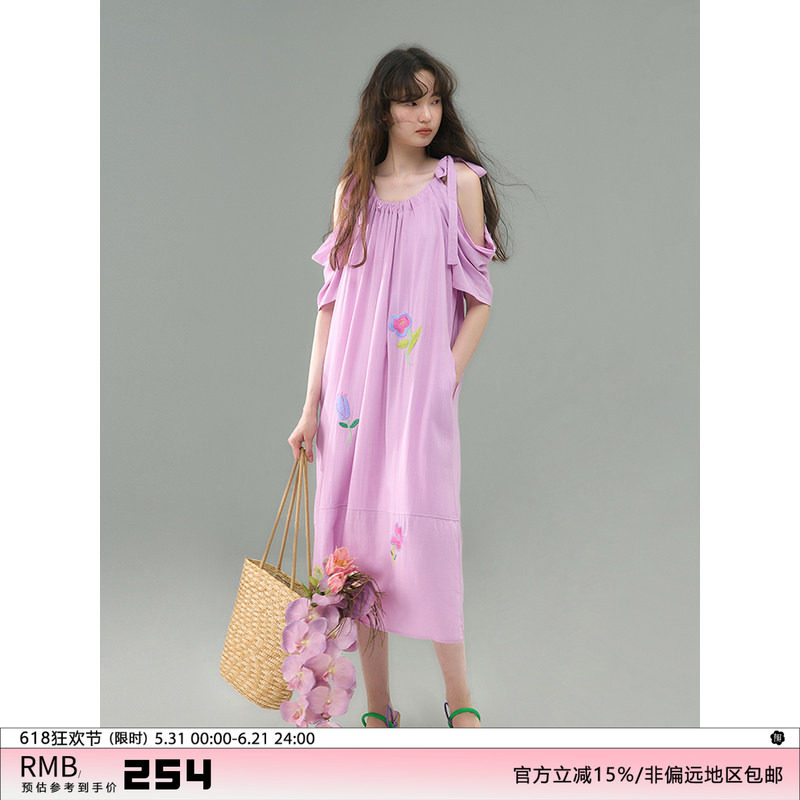 有耳uare原创设计 甜桃花蜜 亚麻棉纺小喜系列花朵刺绣短袖连衣裙