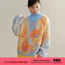 有耳uare原创设计 美妙小金 撞色羊毛混纺金鱼提花宽松套头毛衣