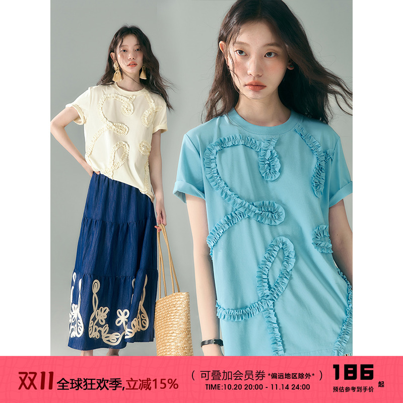 有耳uare原创手工褶皱花短袖T恤