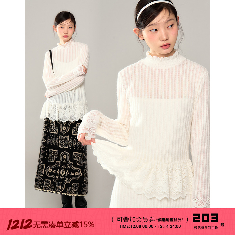 有耳uare绒感蕾丝拼接长袖打底衫