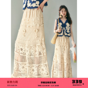 有耳uare小众设计 重工镂空蕾丝钩花纯棉半身裙长裙 原野花语