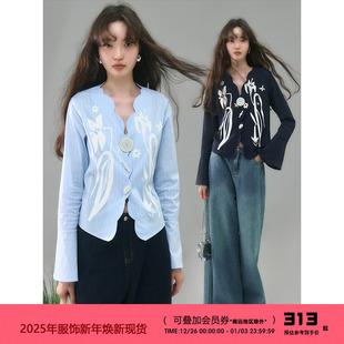 数她 衬衫 花朵 长袖 复古条纹百合印花喇叭袖 有耳uare原创设计