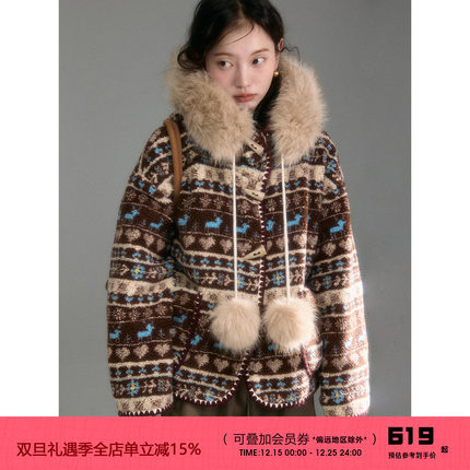 有耳uare原创设计 麋鹿费尔岛 复古爱心提花毛领连帽摇粒绒厚外套