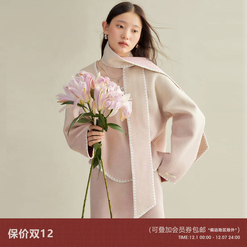 有耳uare原创设计 无序晨昏 正反两穿渐变围巾上衣半裙双面呢套装