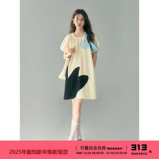 连衣裙 郁金香拼接花朵圆领宽松短袖 有耳uare原创设计 奶油蓝星