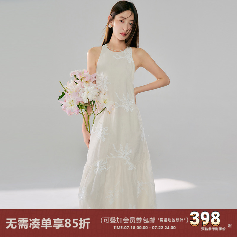 有耳uare亮片盘绳绣花宽松连衣裙