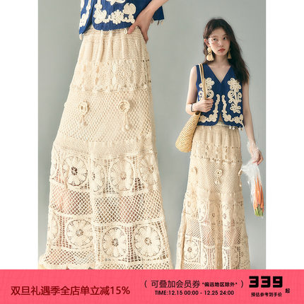 有耳uare小众设计 原野花语  重工镂空蕾丝钩花纯棉半身裙长裙