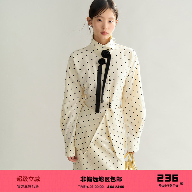 有耳uare原创设计 玫瑰的真心 多穿法波点花朵飘带衬衫半身裙套装