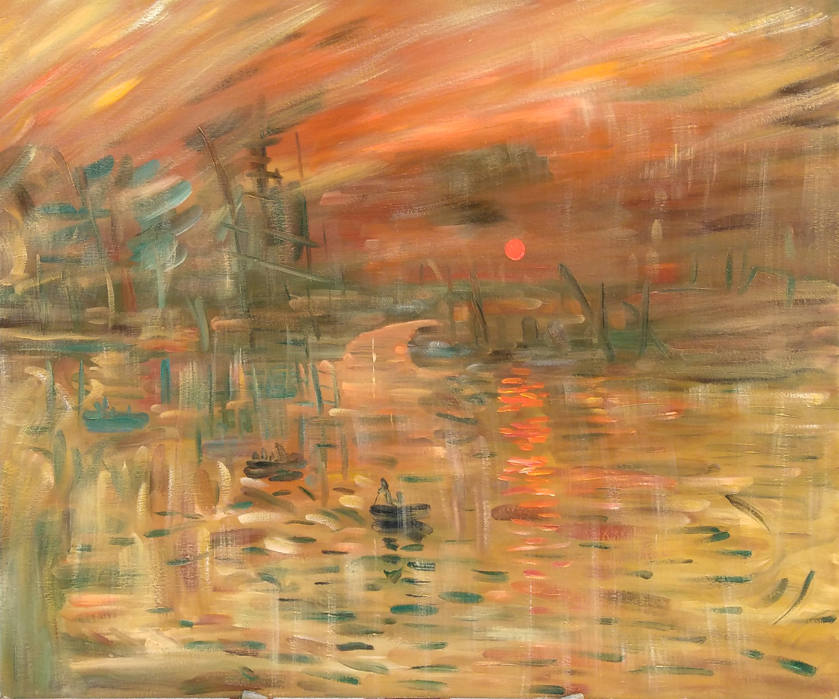 莫奈纯手绘欧式蓝色田园日出印象河流风景复古大尺寸油画客厅卧室