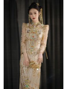 出租夏季仙佳旎尔正版旗袍秀禾服仙奢高级重工结婚嫁衣金色改良