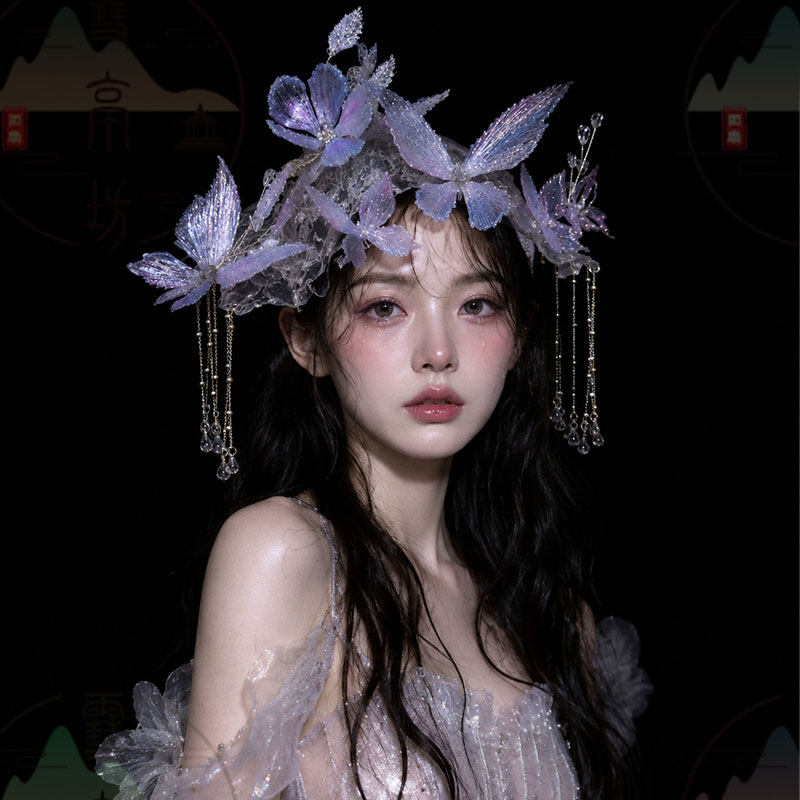 雪亭坊原创幻彩蝴蝶流苏帽饰新娘发饰