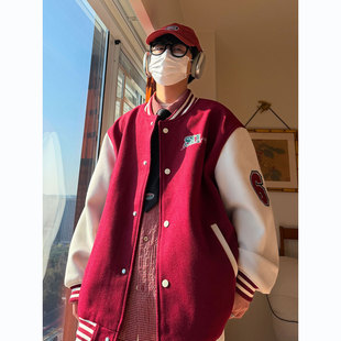 冬季拼色美式字母刺绣棒球服外套男生潮流情侣款宽松时尚休闲夹克