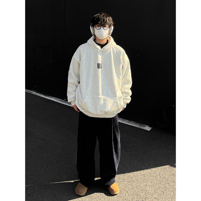 冬季美式三条杠刺绣加绒加厚连帽卫衣男士秋冬款情侣装宽松外套潮