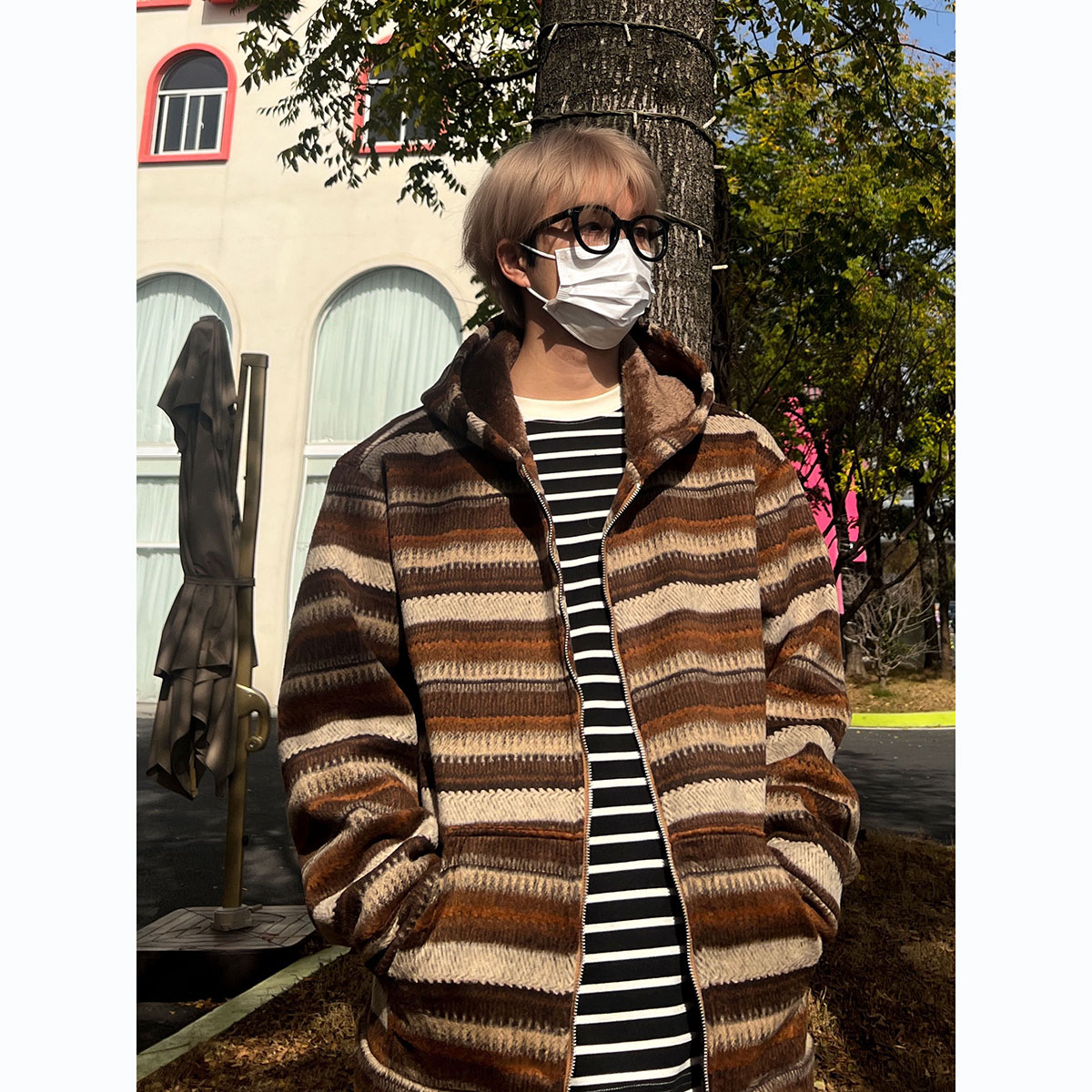 冬季复古条纹加绒加厚连帽卫衣男士潮流宽松情侣学生保暖开衫外套