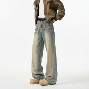 春季水洗做旧美式牛仔裤男士潮牌潮流复古帅气休闲直筒宽松阔腿裤