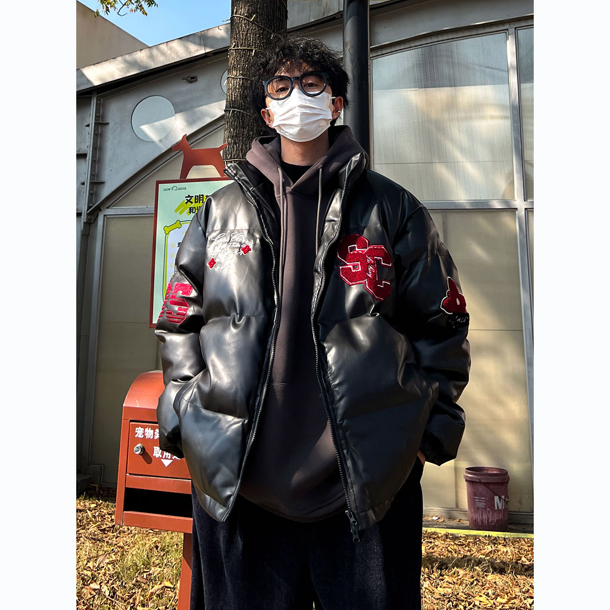 冬季加厚字母刺绣PU皮棉服男士潮牌潮流美式帅气情侣保暖棉衣外套