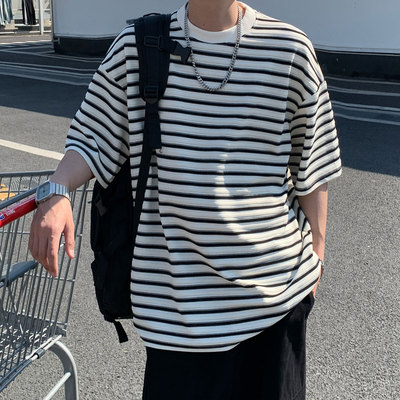 夏季经典条纹短袖T恤男生潮流百搭宽松情侣装圆领休闲半袖体恤衫