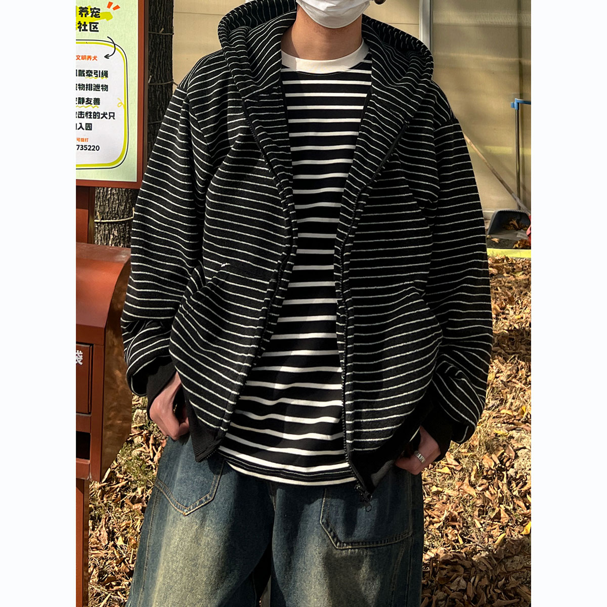 冬季美式加绒加厚条纹连帽卫衣男士潮流情侣宽松学生运动开衫外套