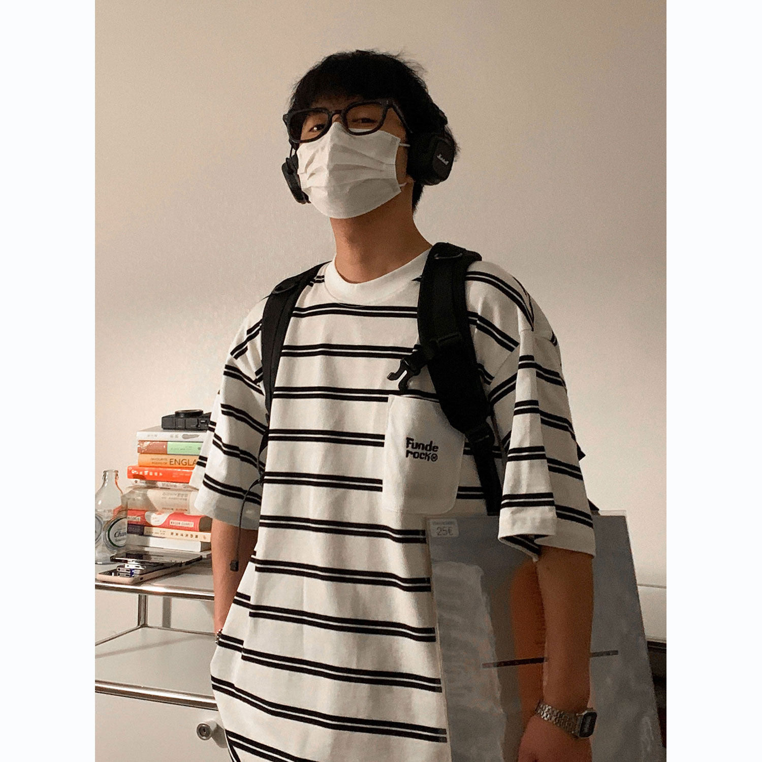 夏季260g纯棉刺绣条纹短袖T恤男士潮流简约百搭宽松情侣半袖上衣 - 实物图