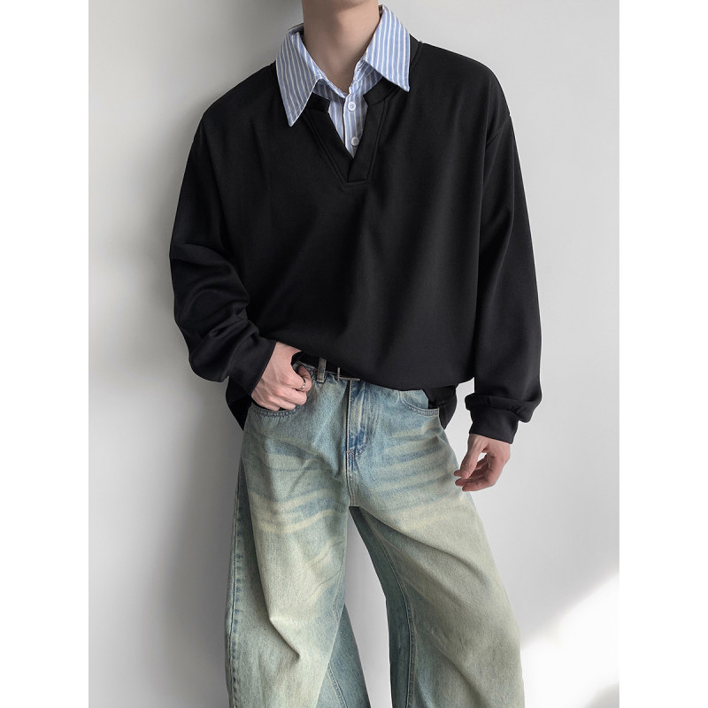 青港的风 秋季假两件衬衫领卫衣男生潮流宽松休闲情侣款春秋上衣