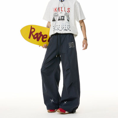 2025夏季新款褶皱感美式潮流裤子男士字母刺绣阔腿宽松直筒休闲裤