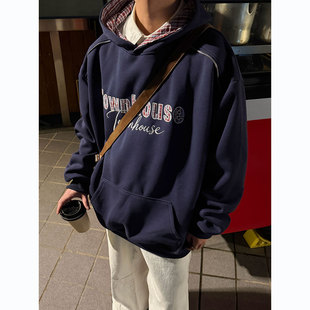 秋季美式英文刺绣连帽卫衣男士春秋情侣学生宽松时尚休闲外套男款