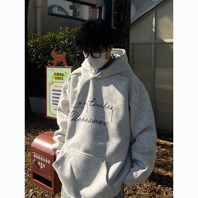 冬季美式印花加绒加厚连帽卫衣男士情侣学生时尚简约百搭宽松外套