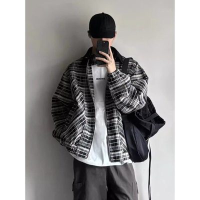 秋冬季美式复古格子外套男士潮牌情侣高级感cleanfit短款翻领夹克