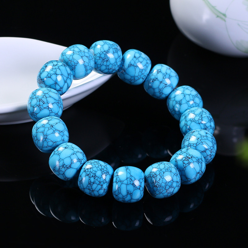 天然原矿绿松石手链高瓷蓝色网花铁线老形桶珠单圈圆珠手串配珠
