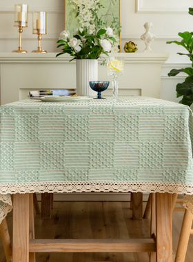 绿色桌布布艺棉麻北欧轻奢高级感长方形格子方桌网红餐桌布茶几布