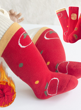 婴儿袜子冬纯棉新年红色加厚保暖宝宝过年满月周岁圣诞毛圈中筒袜